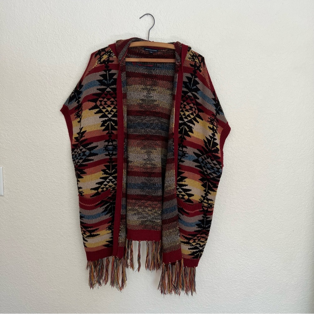 Womens American Eagle Aztec Fringe Hooded Open Blanket Poncho Sweater XS/S